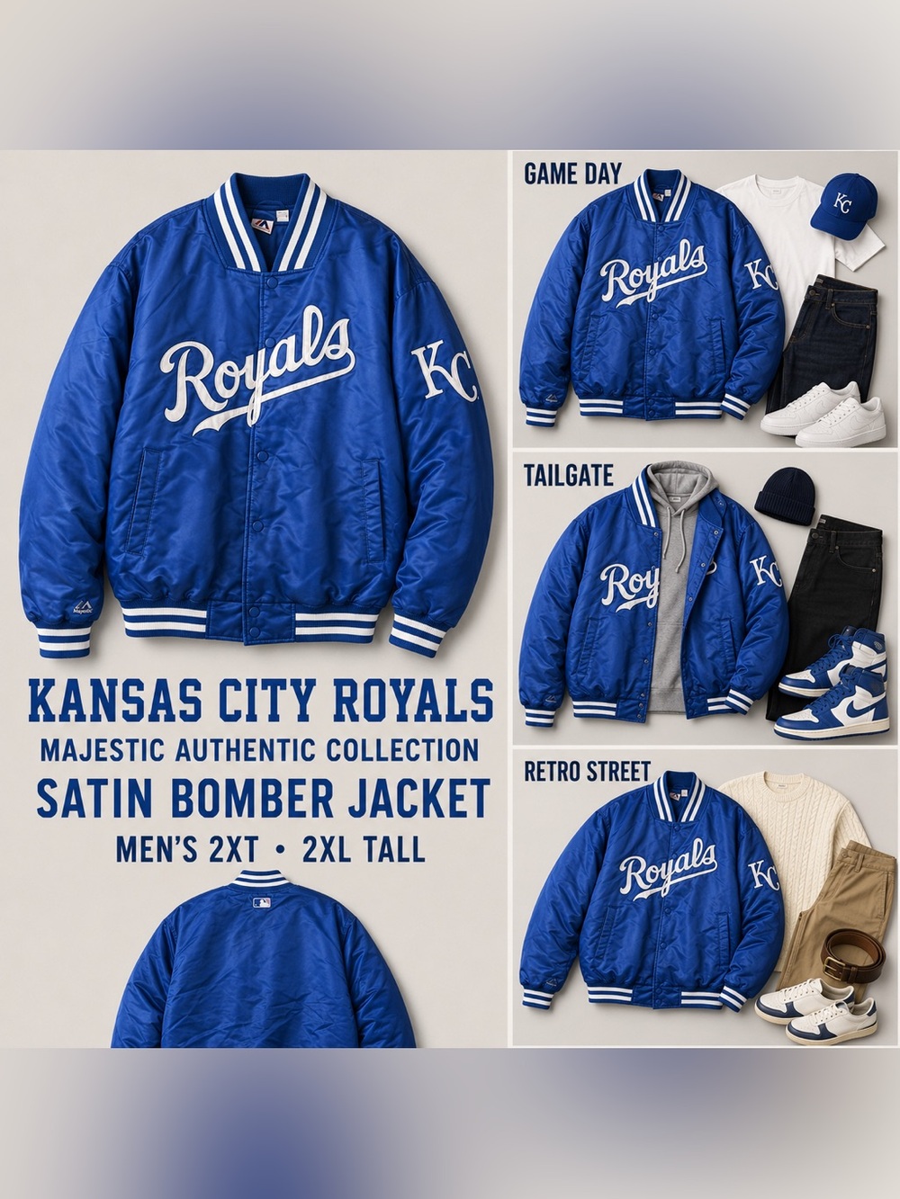 Majestic Kansas City Royals Satin Bomber Jacket Men’s 2XT
